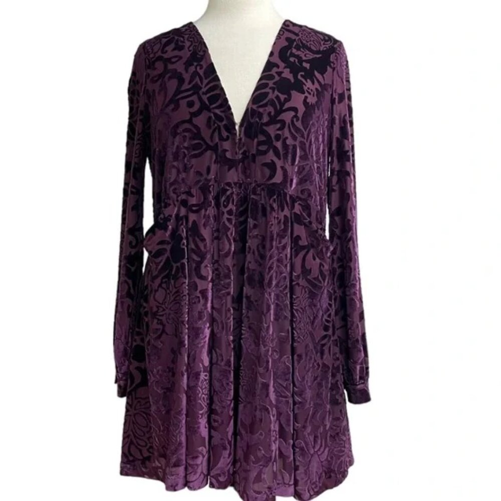 Free People Velvet Burnout Purple Goth Whimsigoth Pockets All Night Long Dress - Picture 2 of 5